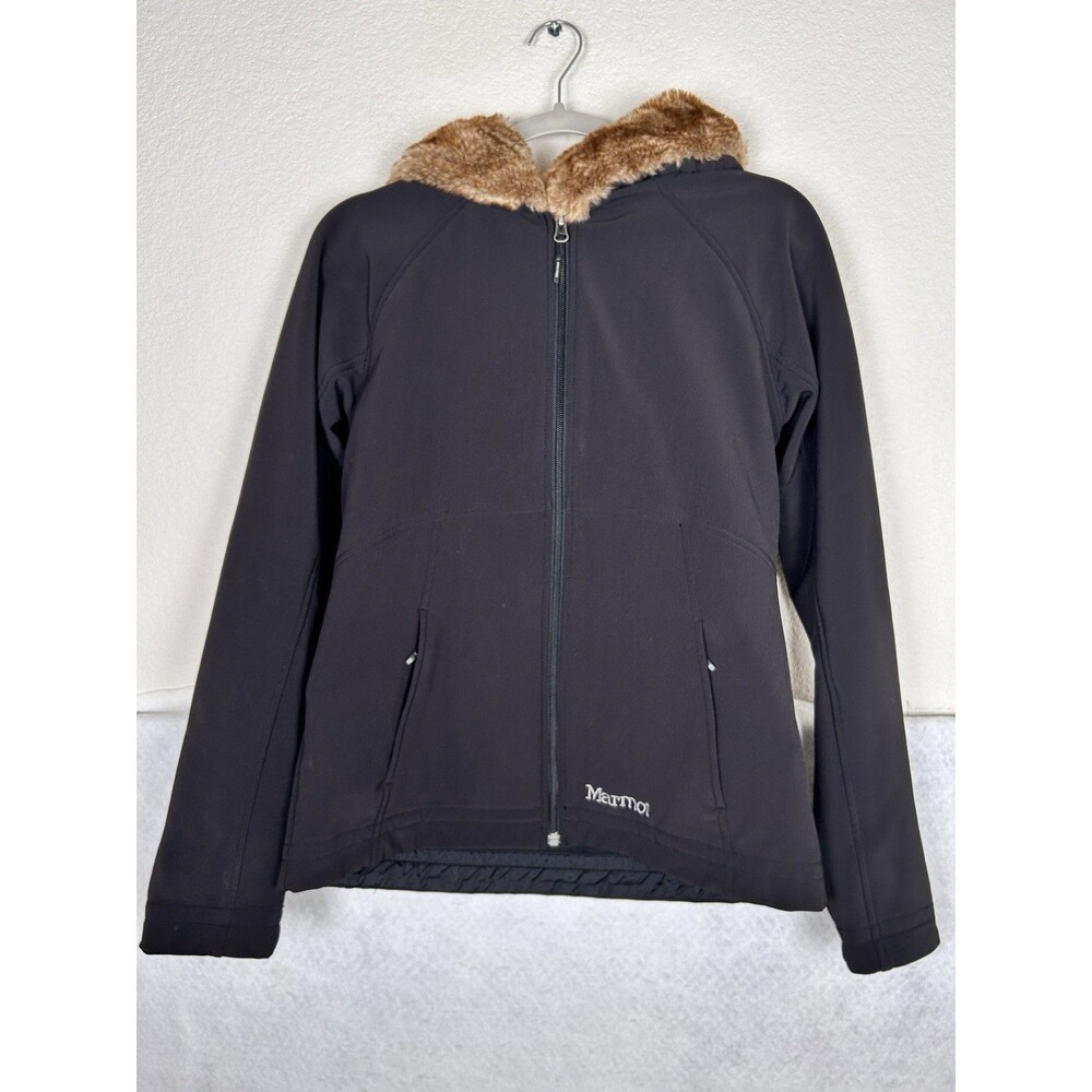 Marmot Black Softshell Jacket Brown Faux Fur Hood Full Zip Women's Sz M